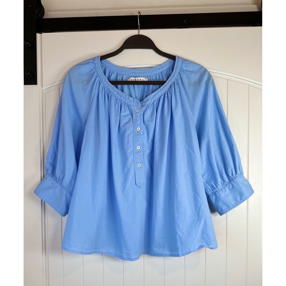 Xirena Lex Top Sky Blue 100% Cotton Poplin Henley 3/4 Sleeve Blouse Small